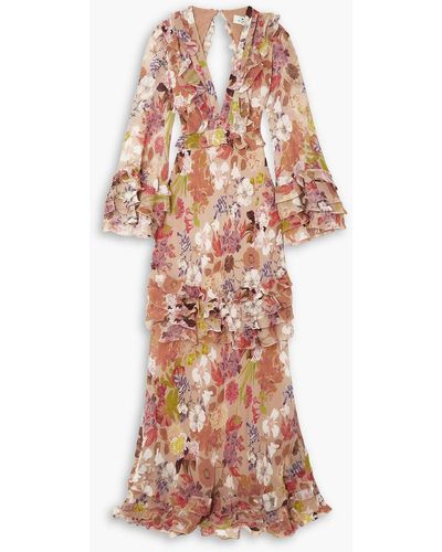 Etro Open-back Ruffled Floral-print Silk Crepe De Chine Gown - White