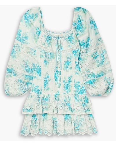 LoveShackFancy Tayton Lace-trimmed Floral-print Broderie Anglaise Cotton Mini Dress - Blue