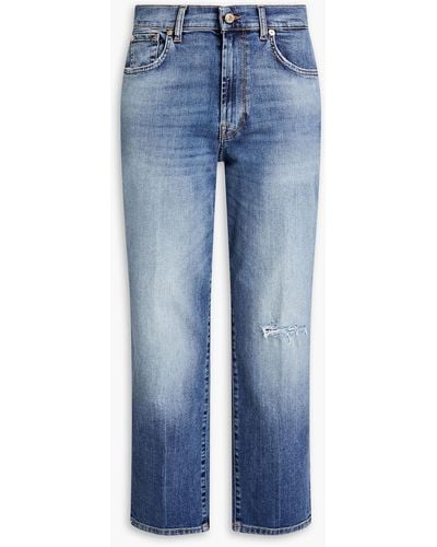 7 For All Mankind Modern Cropped Distressed High-rise Straight-leg Jeans - Blue