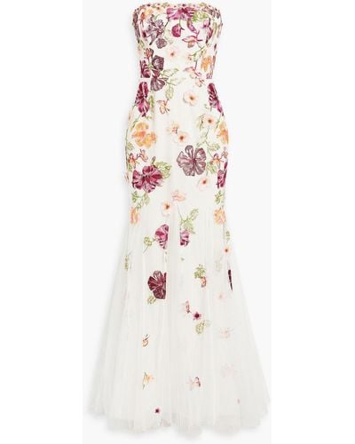 Marchesa Strapless Embellished Tulle Gown - White