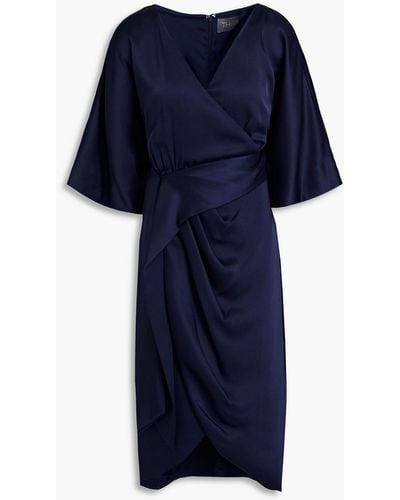 THEIA Alicia Wrap-effect Ruched Stretch-satin Dress - Blue
