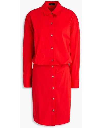 Theory Pleated Cotton-blend Poplin Mini Shirt Dress - Red