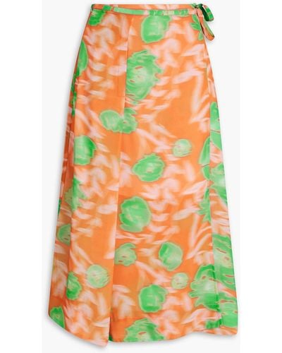 Ganni Printed Georgette Midi Skirt - Orange