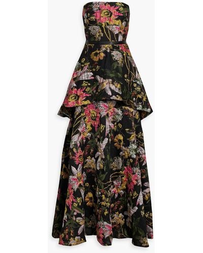 Marchesa Tiered Floral-jacquard Gown - Black