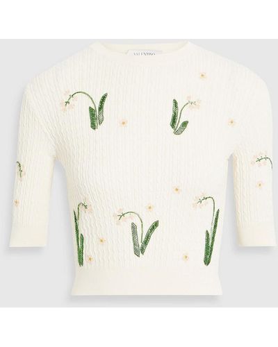 Valentino Garavani Bead-embellished Cable-knit Wool, Silk And Cashmere-blend Top - Natural