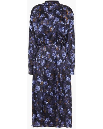 Vince Belted Floral-print Crepe Midi Dress - Blue