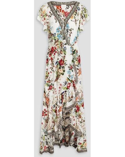 Camilla Verziertes maxi-wickelkleid aus crêpe de chine aus seide mit floralem print - Weiß