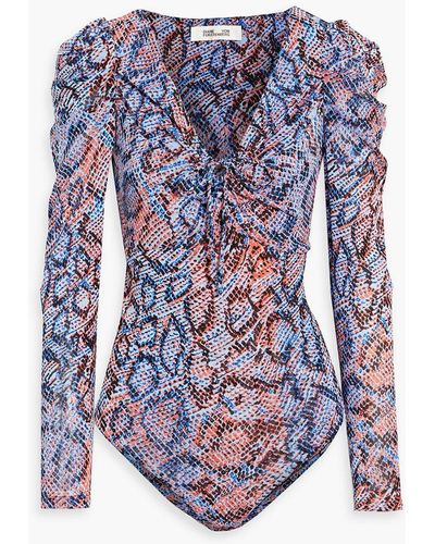 Diane von Furstenberg Roland Ruched Printed Mesh Bodysuit - Blue
