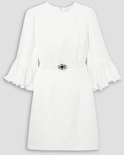 Andrew Gn Embellished Belted Plissé Satin-trimmed Crepe Mini Dress - White