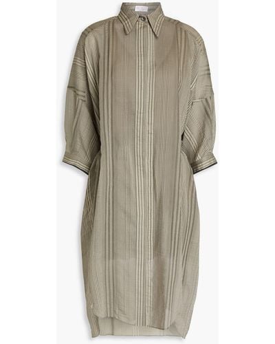 Brunello Cucinelli Gestreiftes hemdkleid in midilänge aus seersucker aus einer baumwoll-seidenmischung mit zierperlen - Natur