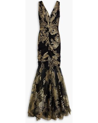 Marchesa Gathered Glittered Tulle Gown - Black