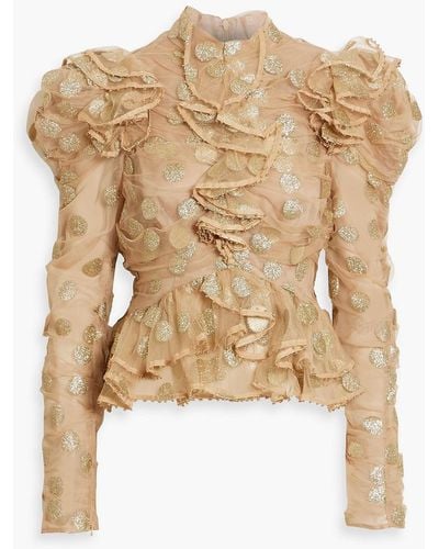 Zimmermann Bluse aus tüll mit polka-dots, rüschen und glitter-finish - Natur