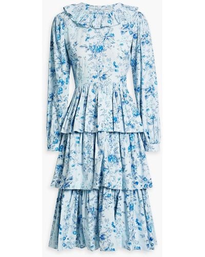 BATSHEVA Welsh Tiered Floral-print Cotton-poplin Dress - Blue