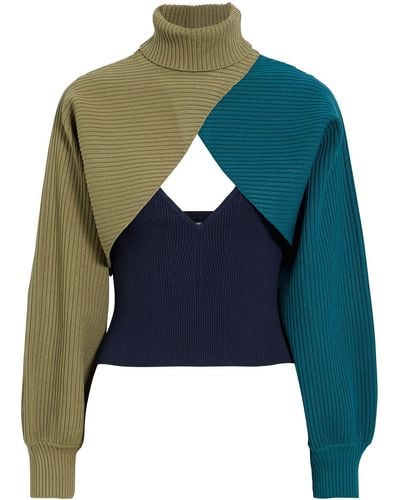 Ronny Kobo Rennia Color-block Ribbed-knit Camisole And Shrug Set - Green