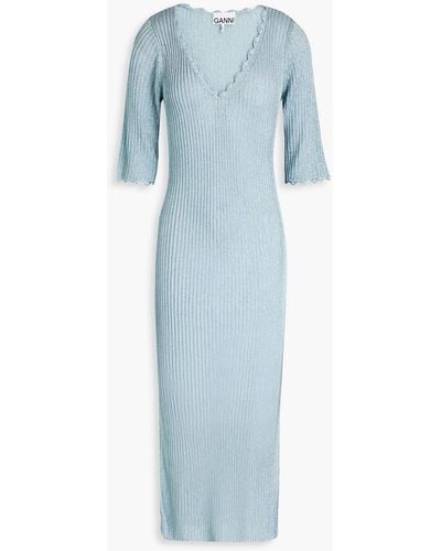 Ganni Metallic Ribbed-knit Midi Dress - Blue
