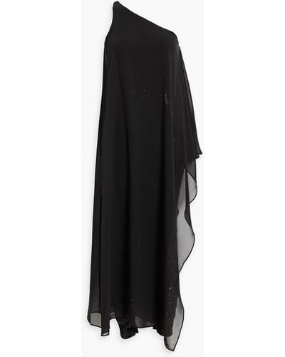 Halston Kel One-shoulder Layered Chiffon And Sequined Mesh Jumpsuit - Black