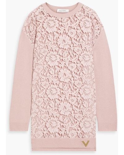 Valentino Garavani Corded Lace-paneled Wool And Cashmere-blend Jumper - Pink