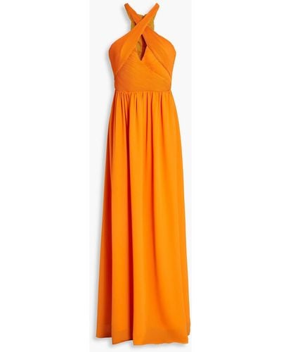 ONE33 SOCIAL Gathered Plissé-chiffon Maxi Dress - Orange