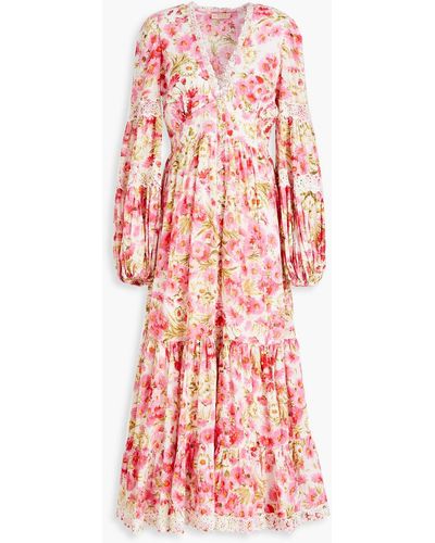 byTiMo Broderie Anglaise-trimmed Floral-print Cotton-gauze Midi Dress - Red