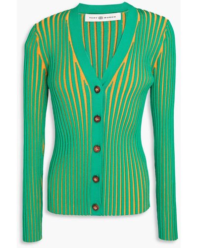 Tory Burch Pleated Jacquard-knit Cardigan - Green