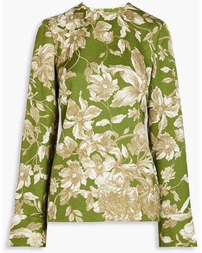 Erdem Tara Floral-print Textured Woven Blouse - Green