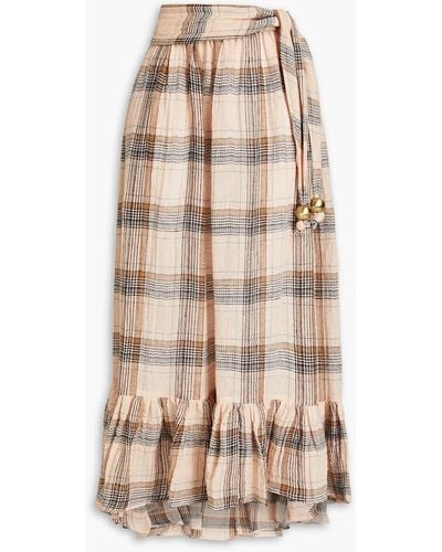 Lisa Marie Fernandez Gathered Checked Linen-blend Gauze Midi Skirt - Natural