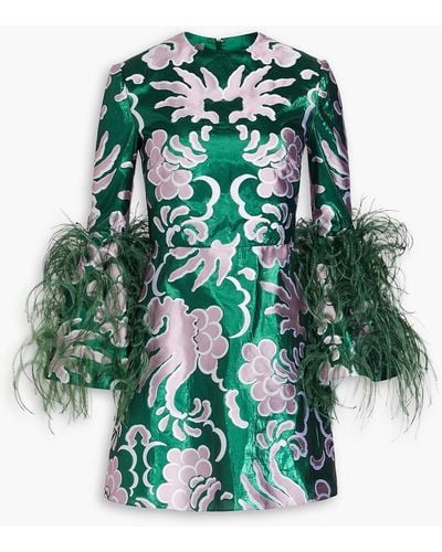 Valentino Garavani Feather-trimmed Metallic Silk-jacquard Mini Dress - Green