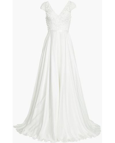 THEIA Belted Floral-appliquéd Tulle And Silk-satin Bridal Gown - White