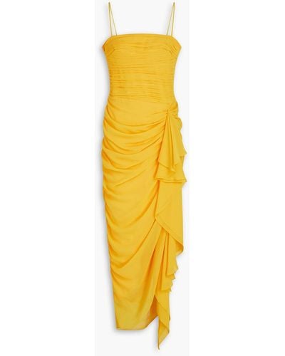Rasario Draped Pleated Chiffon Maxi Dress - Yellow