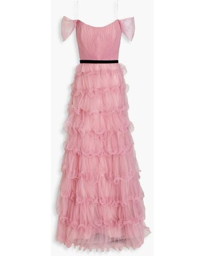 Marchesa Off-the-shoulder Tiered Tulle Gown - Pink