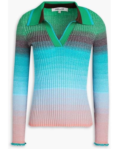 Diane von Furstenberg Desreen Metallic Dégradé Ribbed Cotton-blend Polo Sweater - Blue