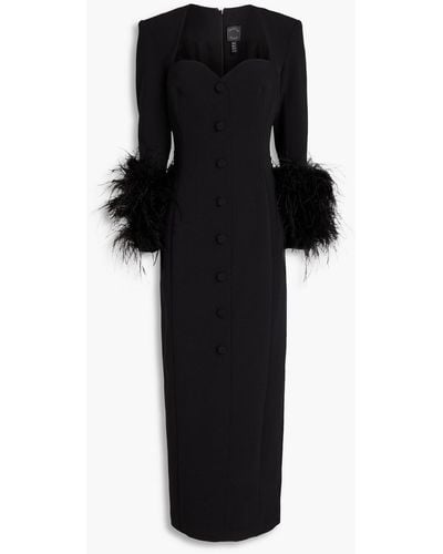 Huishan Zhang Fontaine Feather-trimmed Crepe Midi Dress - Black