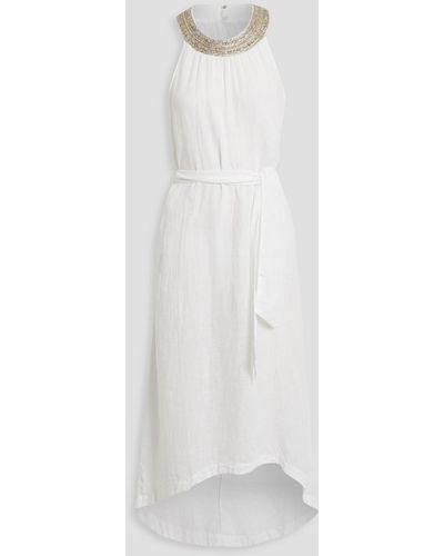 120% Lino Belted Embellished Linen Midi Dress - White