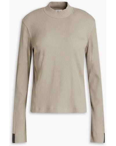 Brunello Cucinelli Bead-embellished Cutout Ribbed Cotton-jersey Turtleneck Top - Natural