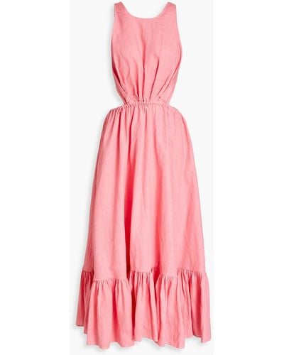 LEO LIN Open-back Gathered Linen Midi Dress - Pink