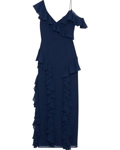 Mikael Aghal Cold-shoulder Ruffled Georgette Gown - Blue