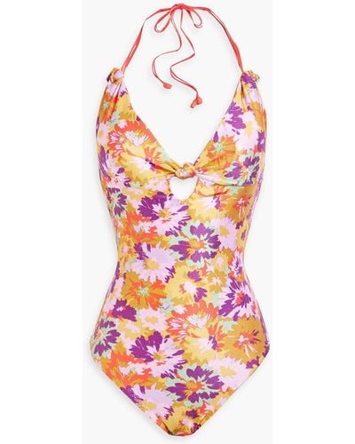 Zimmermann Knotted Floral-print Halterneck Swimsuit - Purple