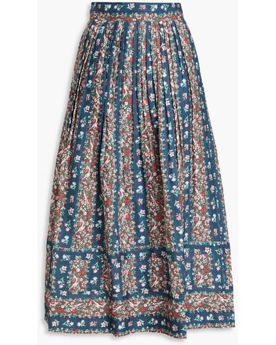 See By Chloé Pleated Floral-print Linen Midi Skirt - Blue
