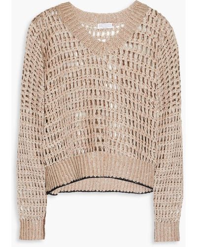 Brunello Cucinelli Embellished Open-knit Linen And Silk-blend Sweater - Natural