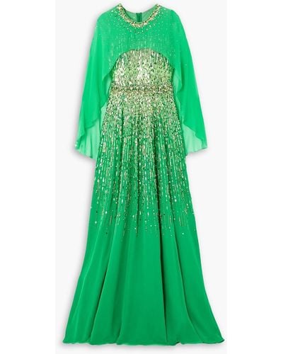 Jenny Packham Suri Cape-effect Embellished Silk-chiffon Gown - Green