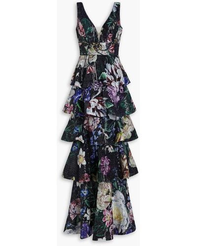 Marchesa Tiered Embellished Floral-print Chiffon Gown - Blue