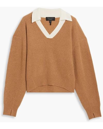 Rag & Bone Pierce Two-tone Ribbed Cashmere Polo Sweater - Natural