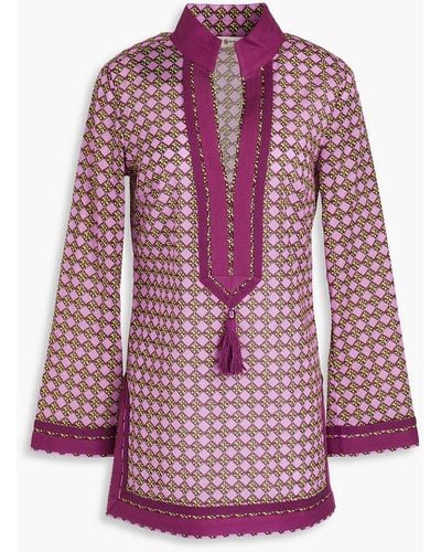 Tory Burch Tasselled Printed Cotton-voile Tunic - Purple