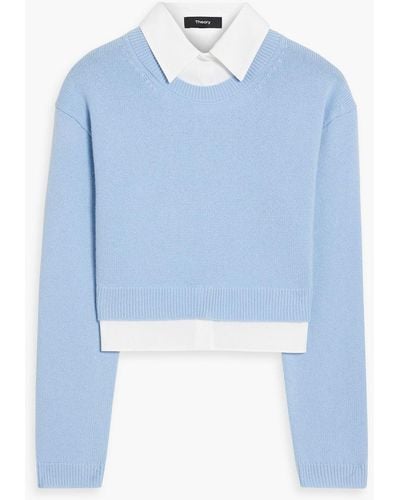 Theory Layered Poplin-trimmed Cashmere Sweater - Blue