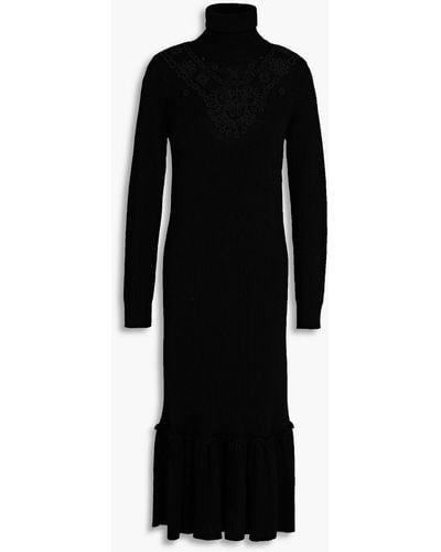 RED Valentino Embroidered Ribbed Wool Midi Dress - Black