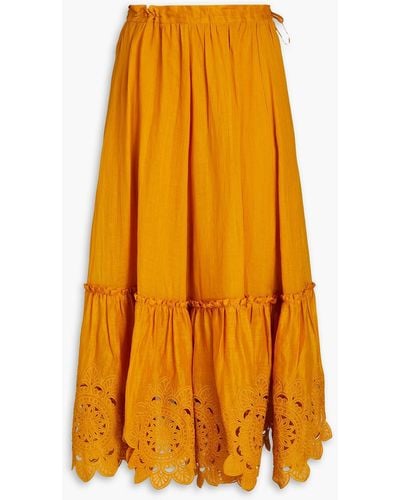 Zimmermann Embroidered Ruffle-trimmed Ramie Wrap Skirt - Yellow