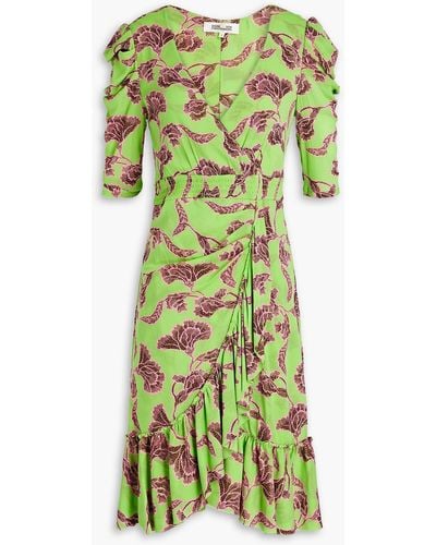 Diane von Furstenberg Ruffled Printed Georgette Mini Wrap Dress - Green