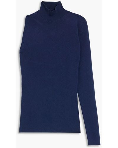 Halston Nili One-sleeve Merino Wool-blend Turtleneck Top - Blue