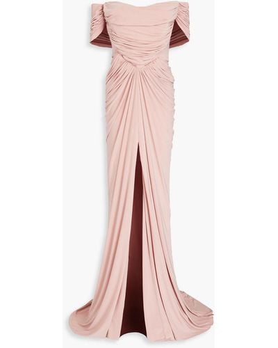 Rhea Costa Off-the-shoulder Draped Satin-jersey Gown - Pink