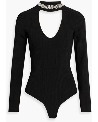 Area Embellished Cutout Ribbed-knit Turtleneck Bodysuit - Black